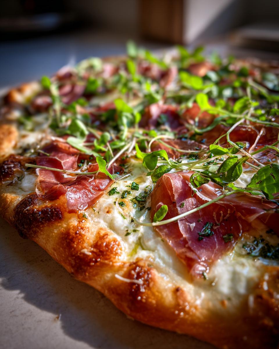 Close-up of a delicious Prosciutto and Pea Shoot Pizza with fresh pea shoots and prosciutto.