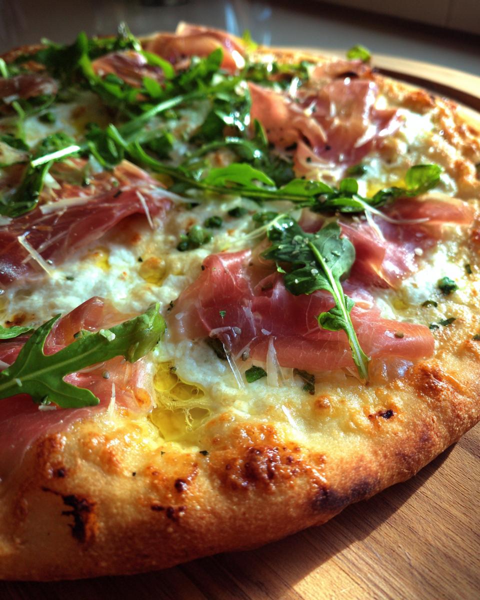 Close-up of a Prosciutto and Pea Shoot Pizza with fresh pea shoots, prosciutto, and cheese.