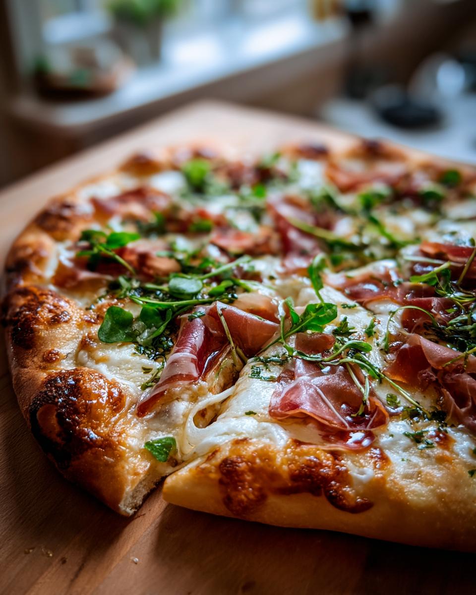 Close-up of a Prosciutto and Pea Shoot Pizza with fresh ingredients on a wooden board.