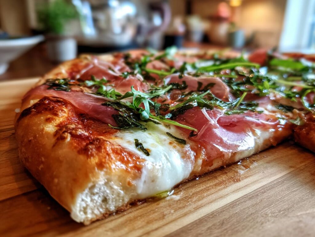 Close-up of a slice of Prosciutto and Pea Shoot Pizza on a wooden board.