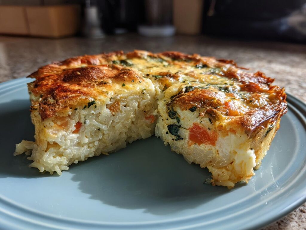 A slice of quiche with rice crust on a plate, showcasing the fluffy filling and golden crust. This is a delicious Quiche with Rice Crust.