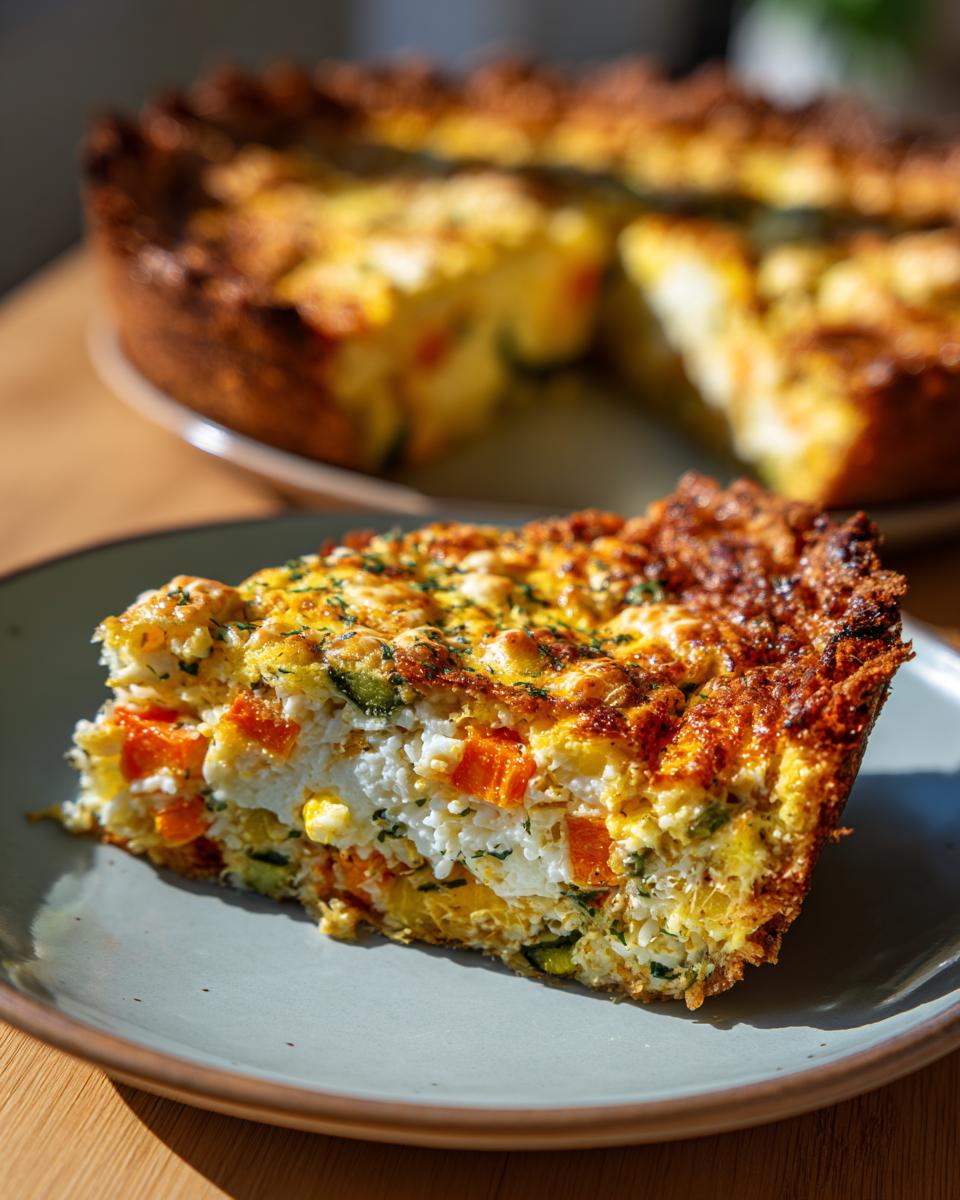 A slice of delicious Quiche with Rice Crust on a plate, showing the filling and crust.