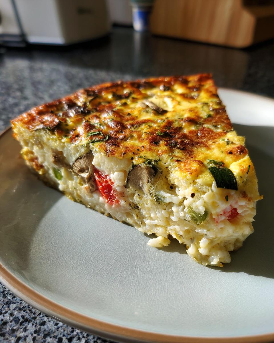 A slice of delicious Quiche with Rice Crust on a plate, showing the filling and crust.