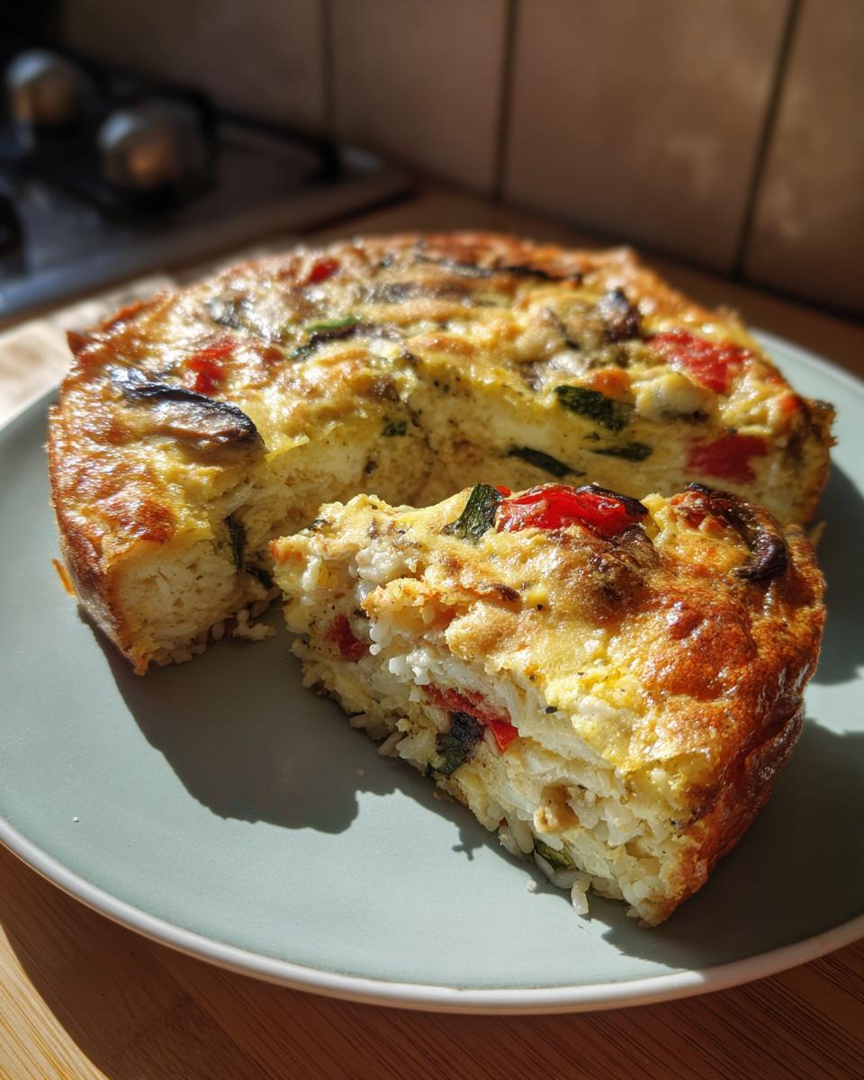 A slice of quiche with rice crust on a plate, showing the filling and crust, the primary keyword is Quiche with Rice Crust.