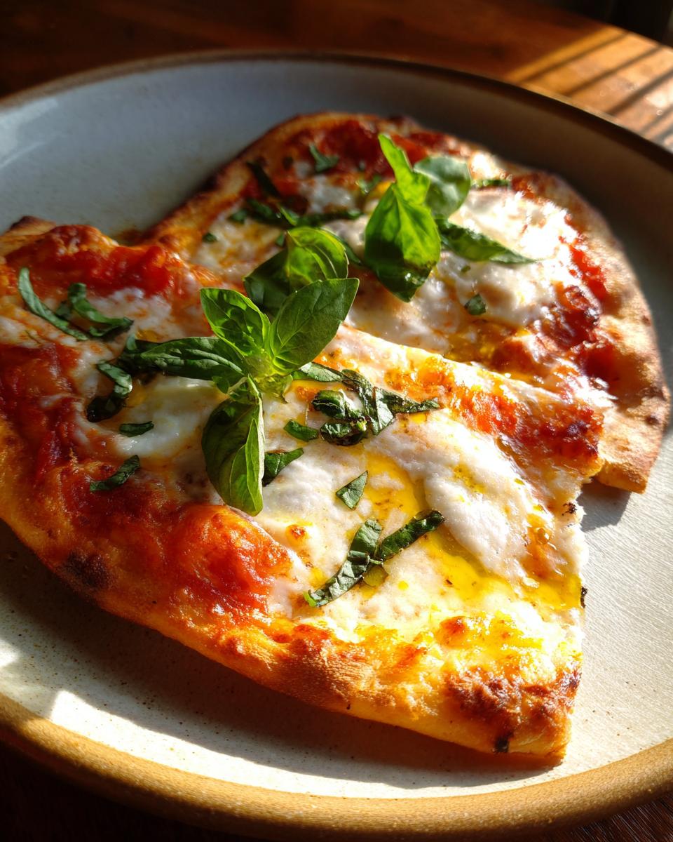 Heart-shaped Quick Flatbread Pizza Margherita with fresh basil, mozzarella, and tomato sauce on a plate.