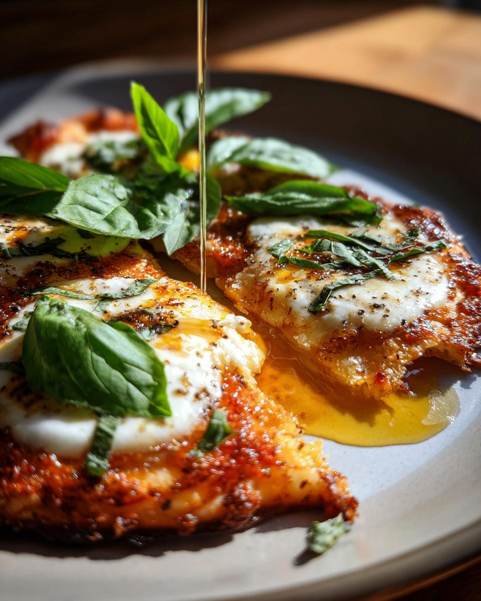 Close-up of Quick Flatbread Pizza Margherita with fresh basil and olive oil drizzle.