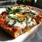Close-up of a slice of Quick Flatbread Pizza Margherita with fresh basil and melted mozzarella.