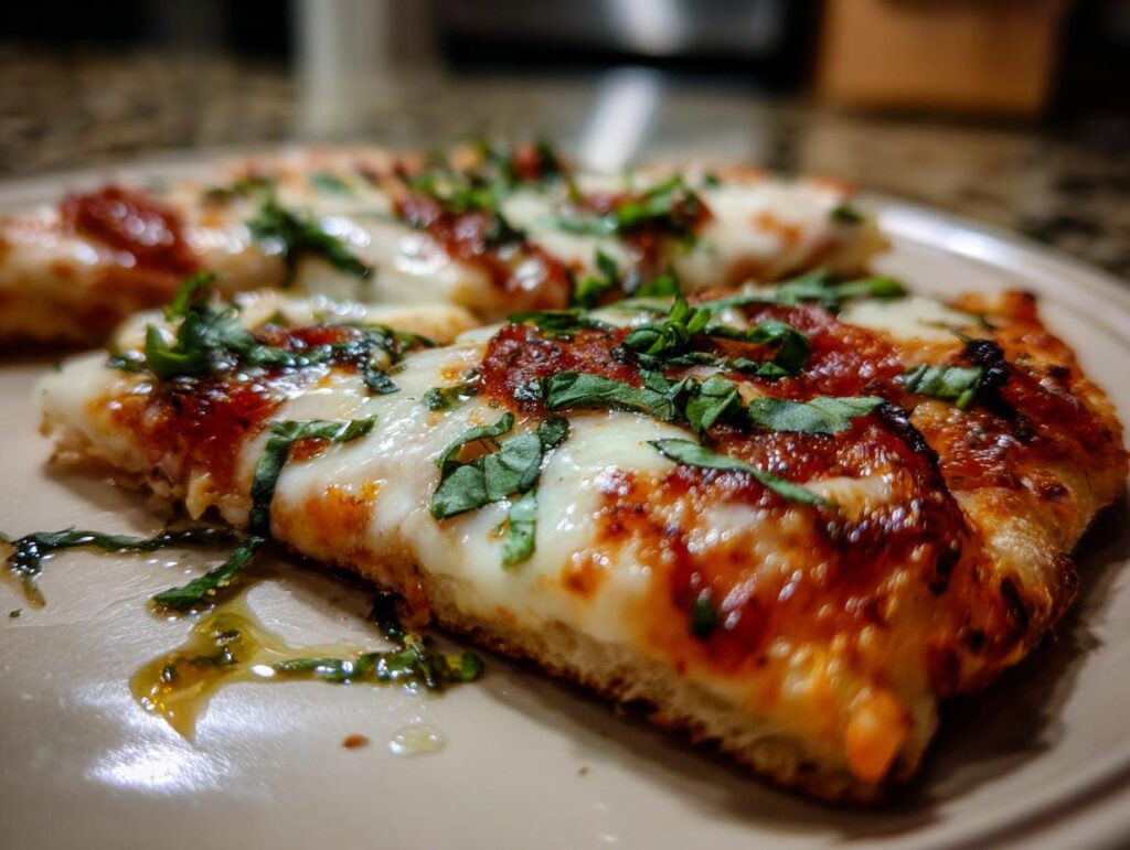 Close-up of a slice of Quick Flatbread Pizza Margherita with fresh basil and melted mozzarella.