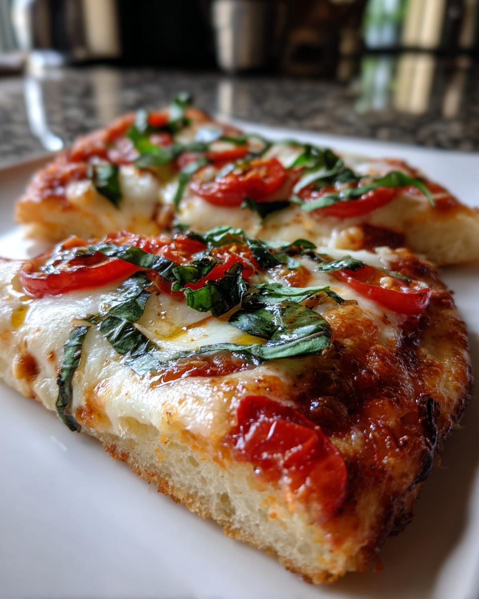 Close-up of two slices of Quick Flatbread Pizza Margherita with fresh basil and tomatoes.