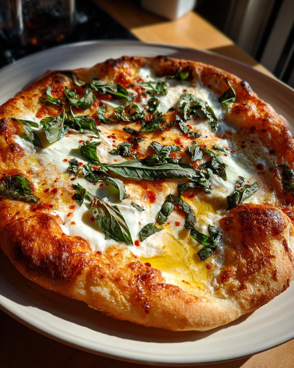 A whole Quick Flatbread Pizza Margherita topped with fresh basil and olive oil.