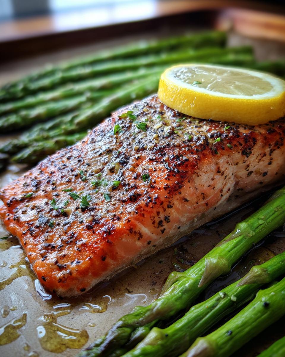 Close-up of Roasted Lemon Salmon & Asparagus on a sheet pan, with a lemon slice garnish.