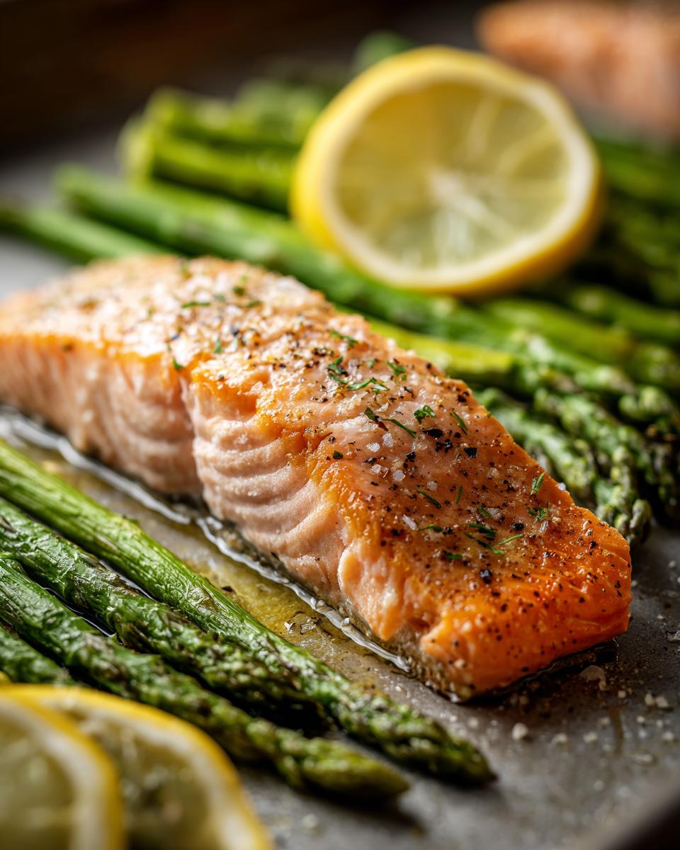 Close-up of Roasted Lemon Salmon & Asparagus on a sheet pan, garnished with lemon slices.