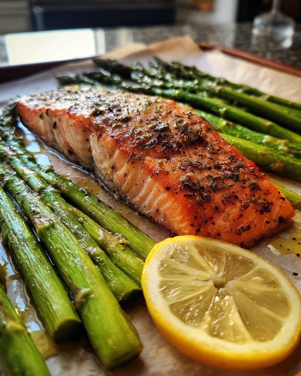 Sheet pan of roasted lemon salmon & asparagus with lemon slices.