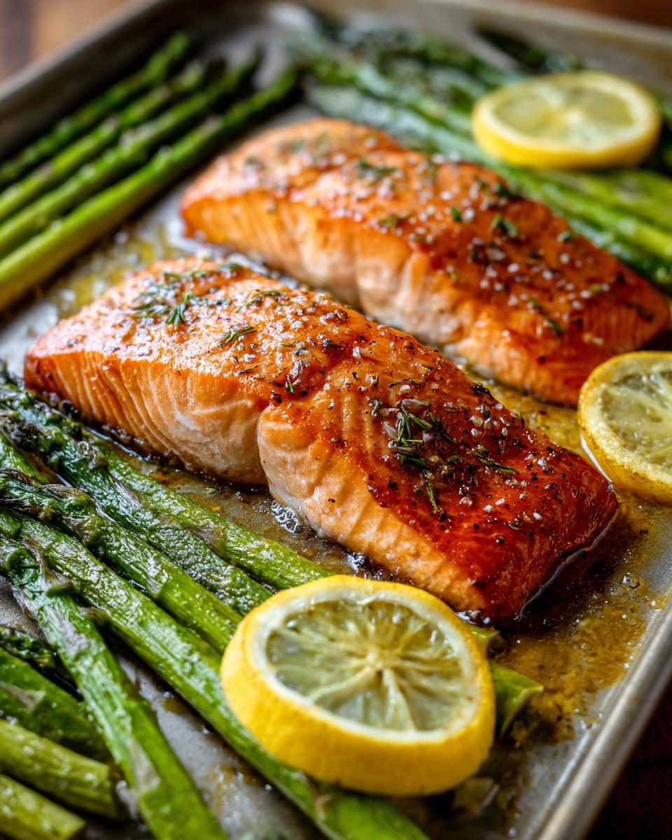 Close-up of a perfectly cooked Roasted Lemon Salmon & Asparagus on a sheet pan with a lemon slice.