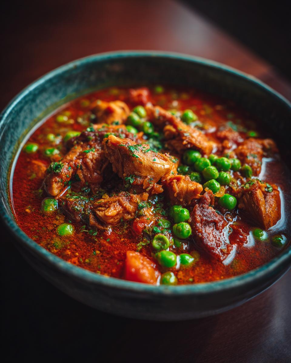 Close-up of a bowl of Romanian Chicken & Pea Stew, with chicken pieces, peas, and a rich tomato-based sauce.