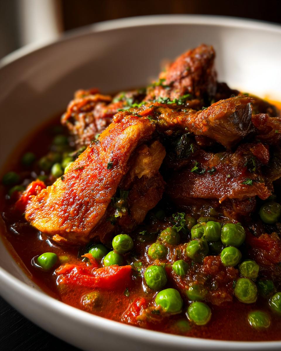 Close-up of a bowl of Romanian Chicken & Pea Stew with chicken pieces and green peas.