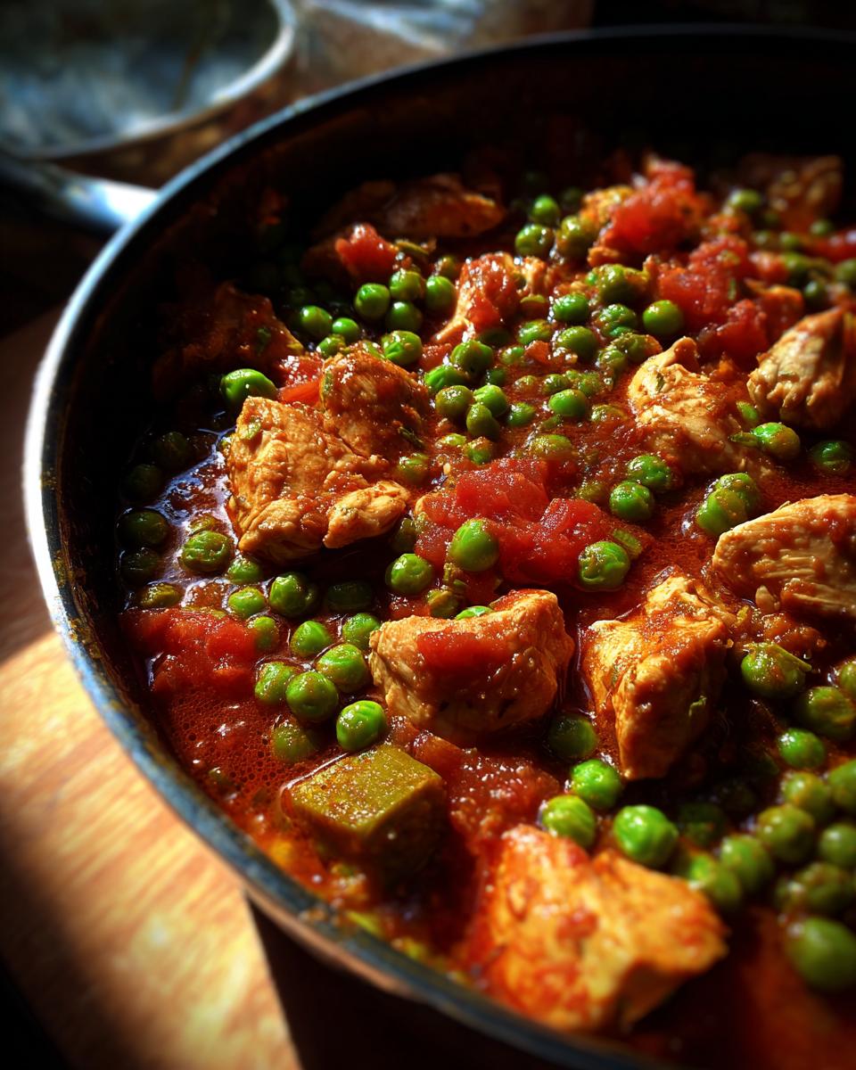 Close-up of a pan of Romanian Chicken & Pea Stew, with chicken pieces, peas, and tomato sauce.