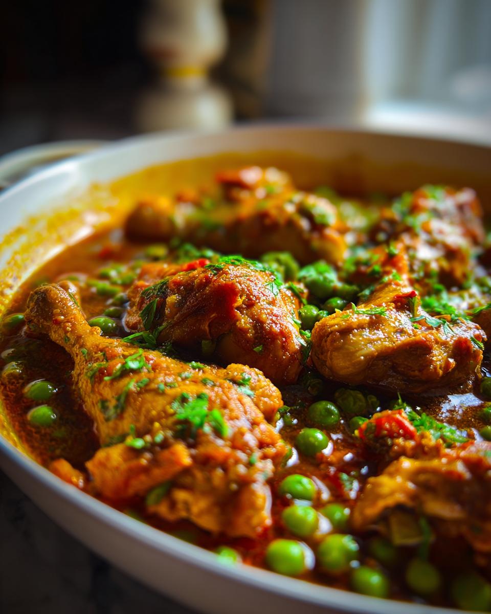 Close-up of a flavorful Romanian Chicken & Pea Stew with chicken drumsticks and green peas.