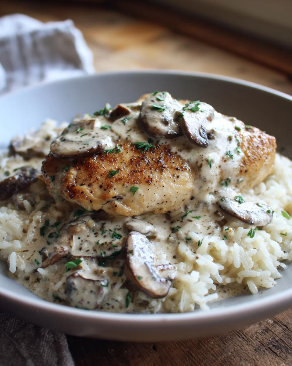 A bowl of the best smothered chicken and rice, with creamy mushroom sauce, ready to eat.