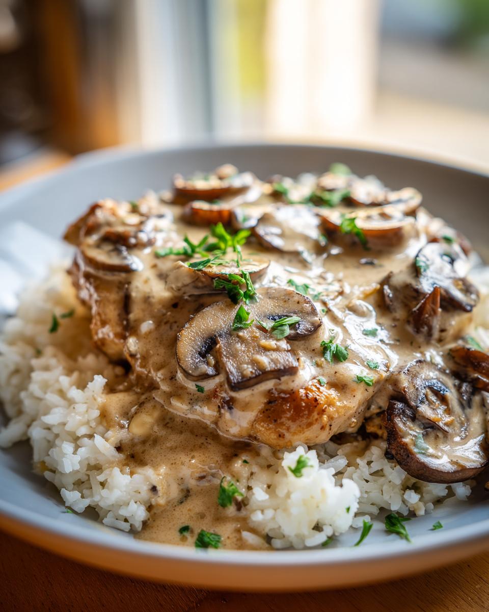 Close-up of a plate of Best Smothered Chicken and Rice, topped with mushrooms and gravy.
