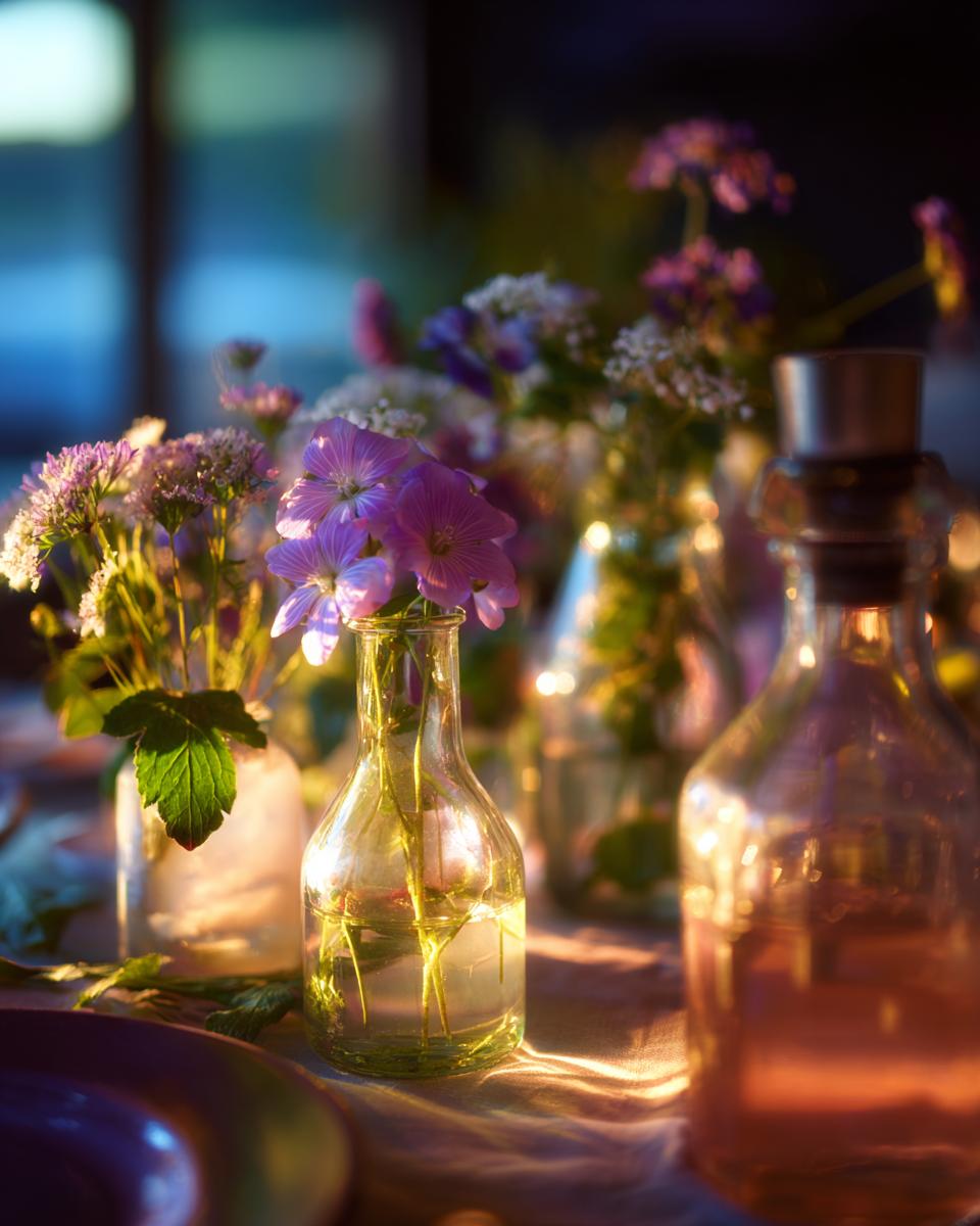 Close-up of a spring dinner party table setting with floral arrangements. Perfect for Spring Dinner Party Menu Ideas.
