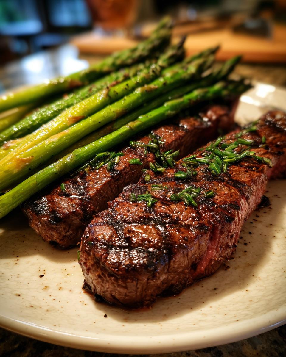 Grilled steak with asparagus, a perfect dish for Spring Dinner Party Menu Ideas.