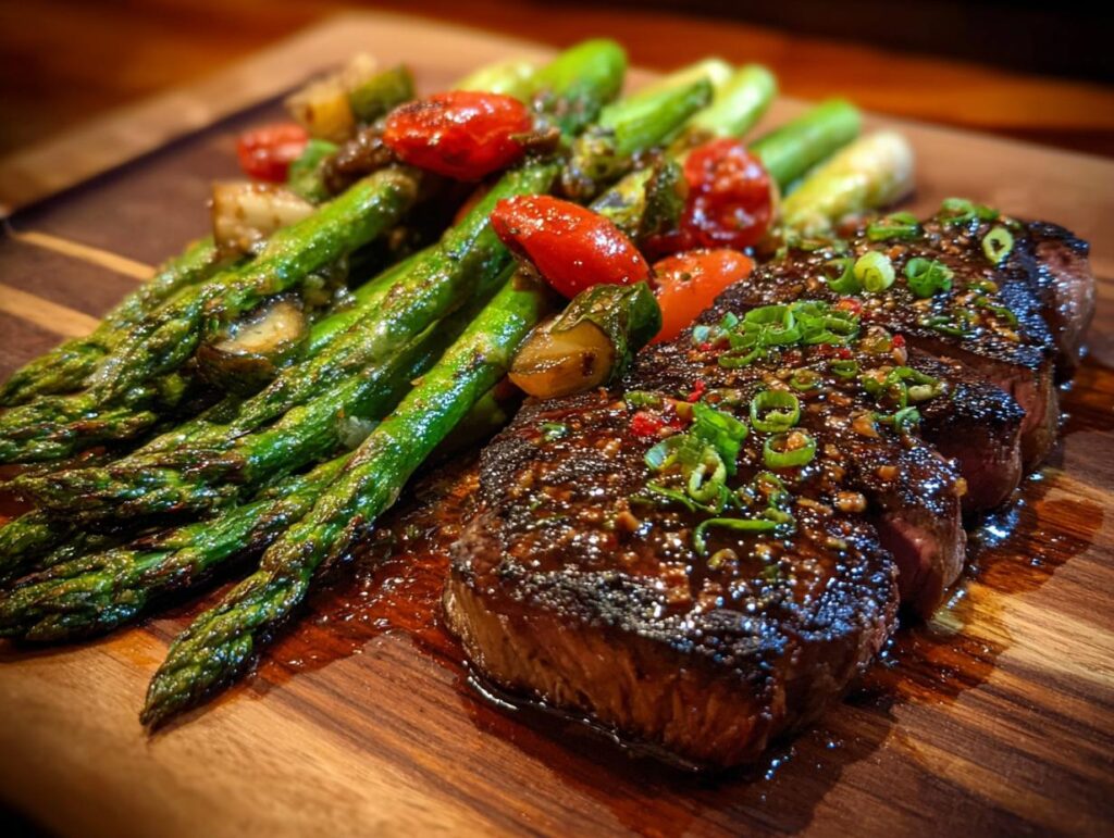 Grilled steak with asparagus and tomatoes, perfect for a Spring Dinner Party Menu.