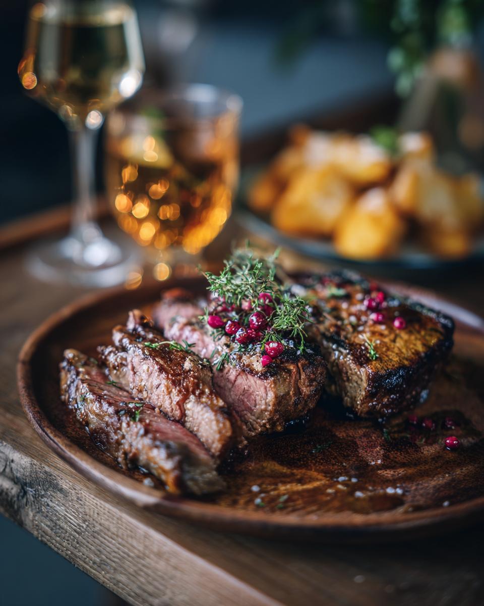 Grilled steak on a wooden plate, perfect for a Spring Dinner Party Menu.