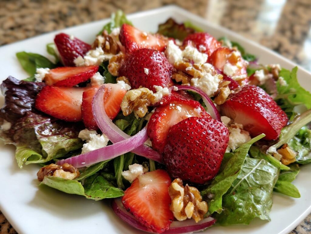 Close-up of a delicious Strawberry Goat Cheese Salad with fresh strawberries, goat cheese, and walnuts.
