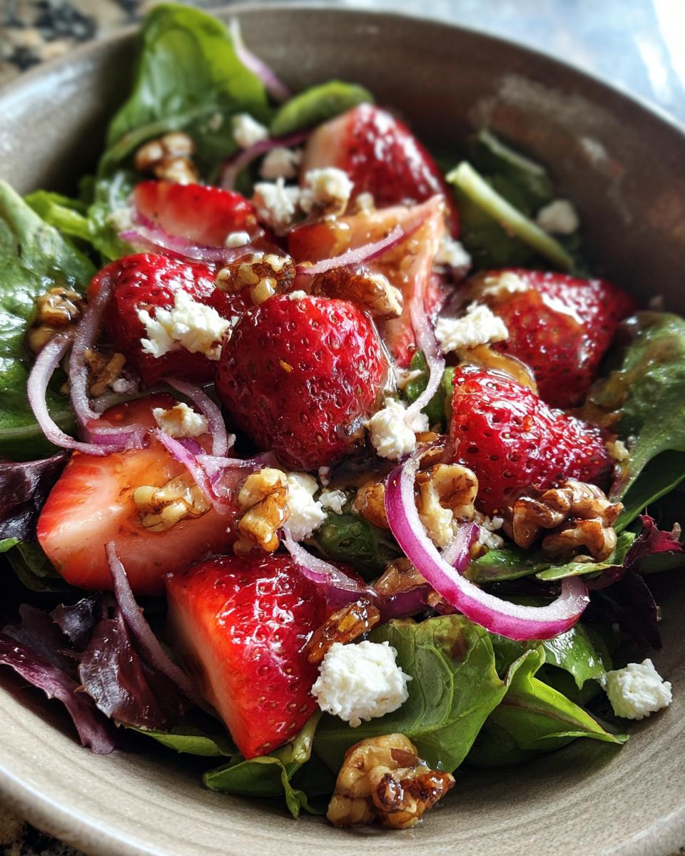 Close-up of a vibrant Strawberry Goat Cheese Salad with fresh strawberries, goat cheese, and walnuts.