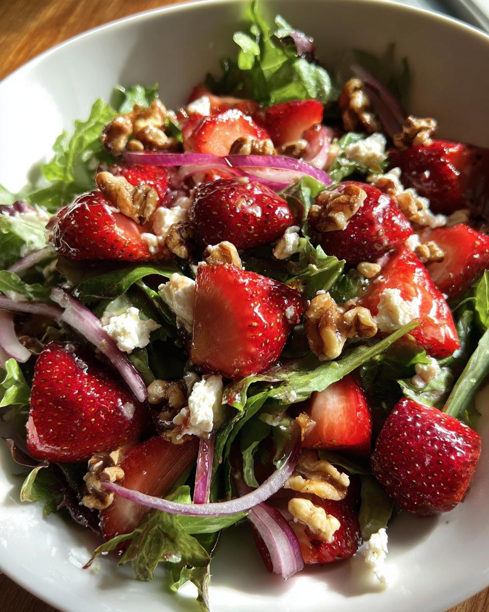 Close-up of a delicious Strawberry Goat Cheese Salad with fresh strawberries, goat cheese, and walnuts.