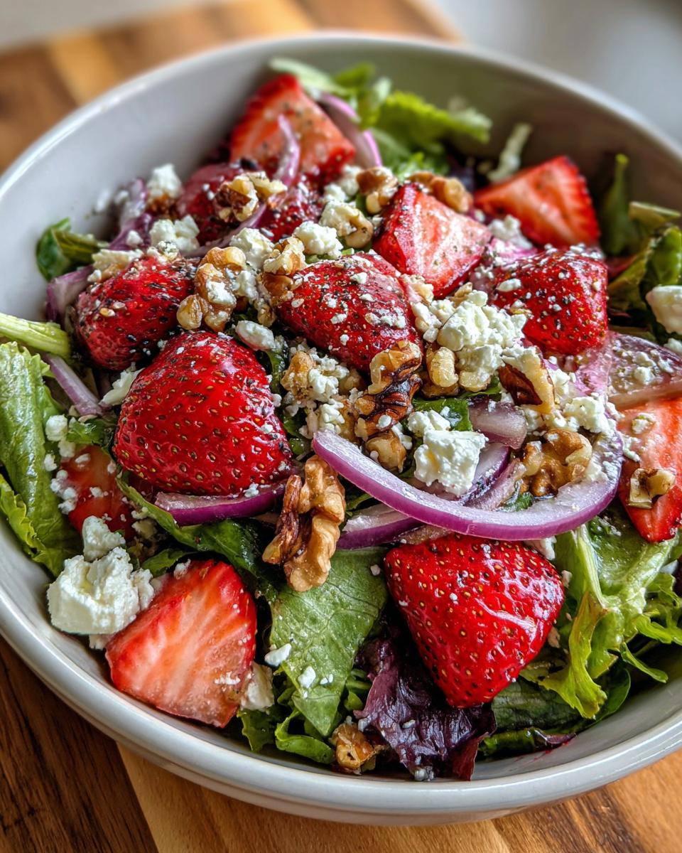 Close-up of a vibrant Strawberry Goat Cheese Salad with fresh strawberries, goat cheese, and walnuts.