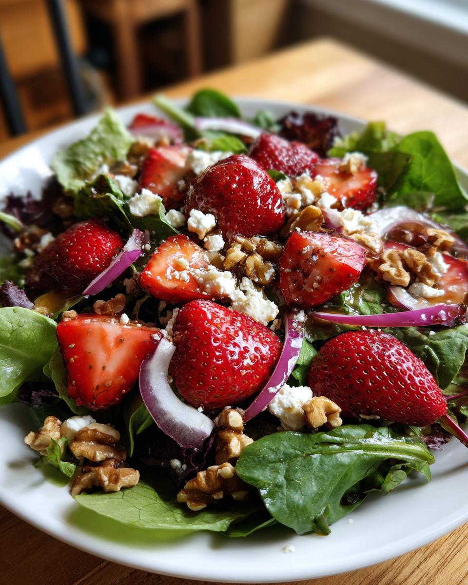 Close-up of a fresh Strawberry Goat Cheese Salad with strawberries, goat cheese, walnuts, and greens.