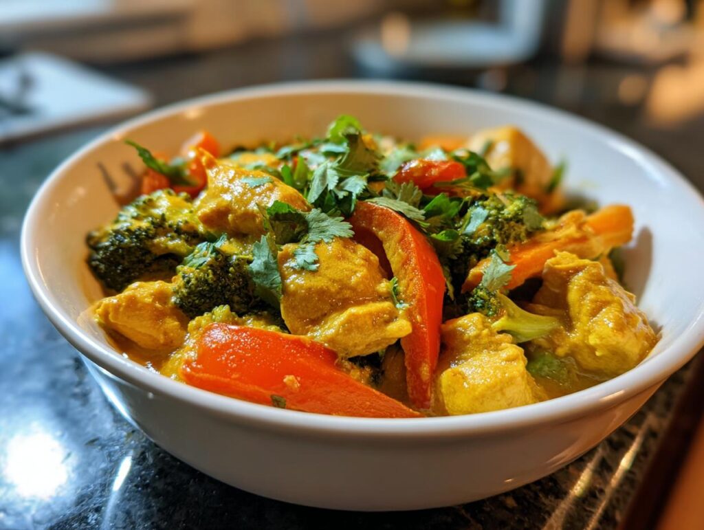 Close-up of a bowl filled with Thai Yellow Curry with Chicken, broccoli, and red bell peppers.