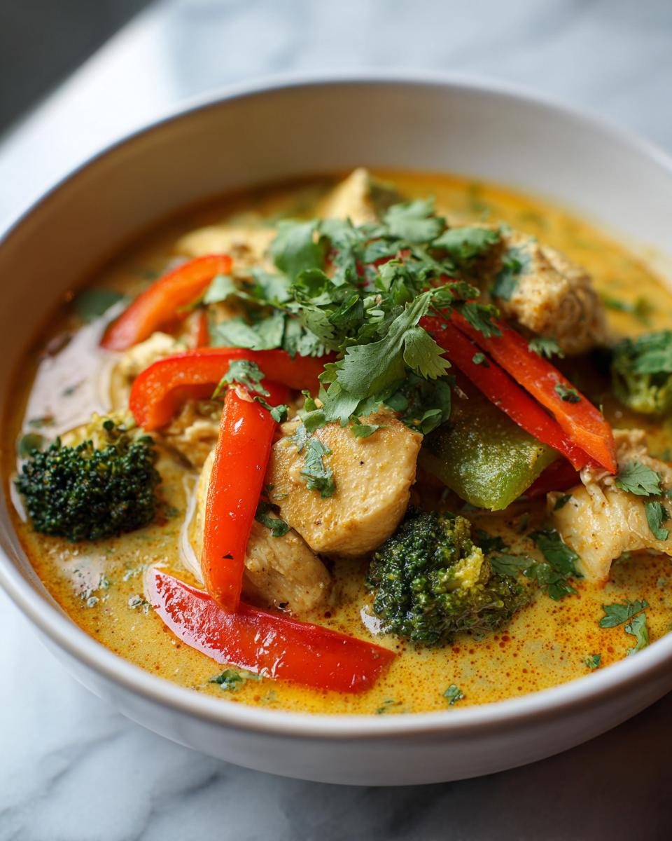 Close-up of Thai Yellow Curry with Chicken in a white bowl, garnished with cilantro.
