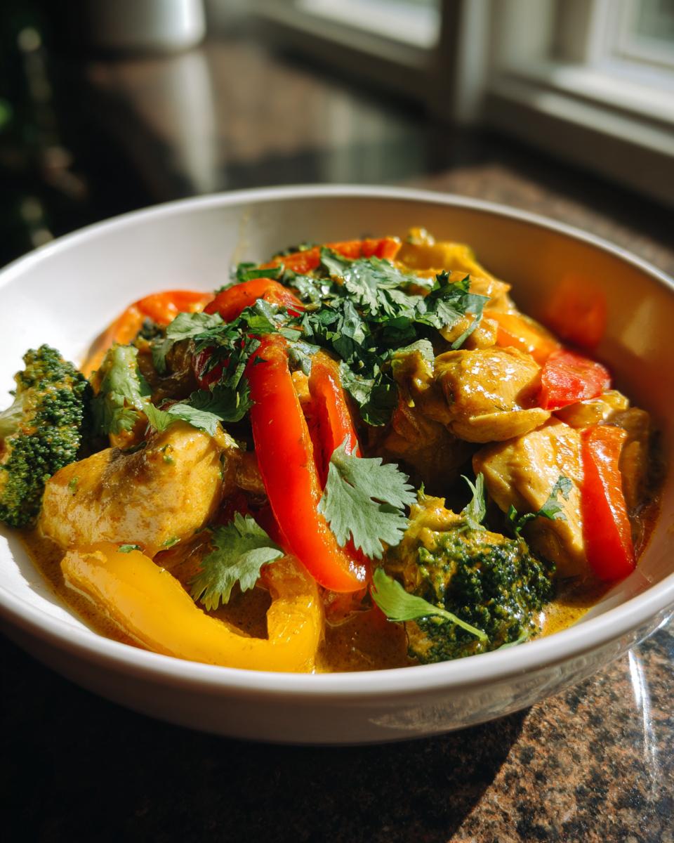 Close-up of a bowl of Thai Yellow Curry with Chicken, vegetables, and fresh cilantro.