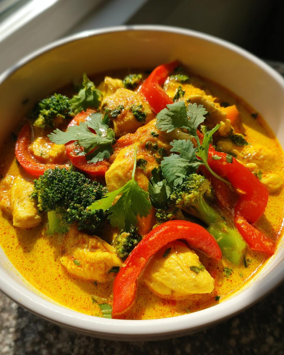 Close-up of Thai Yellow Curry with Chicken in a white bowl, garnished with cilantro.