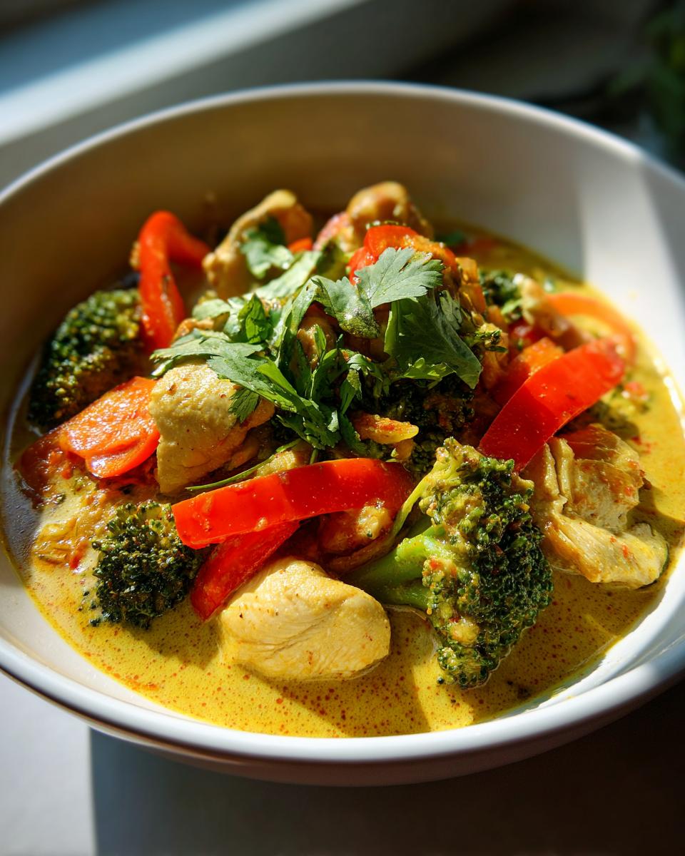 Close-up of a bowl of Thai Yellow Curry with Chicken, broccoli, and red bell peppers.