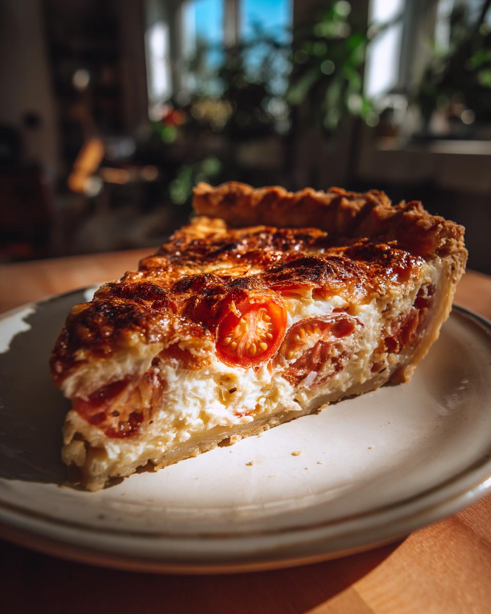 Close-up of a slice of Tomato Pie on a plate, showcasing tomatoes and creamy filling.