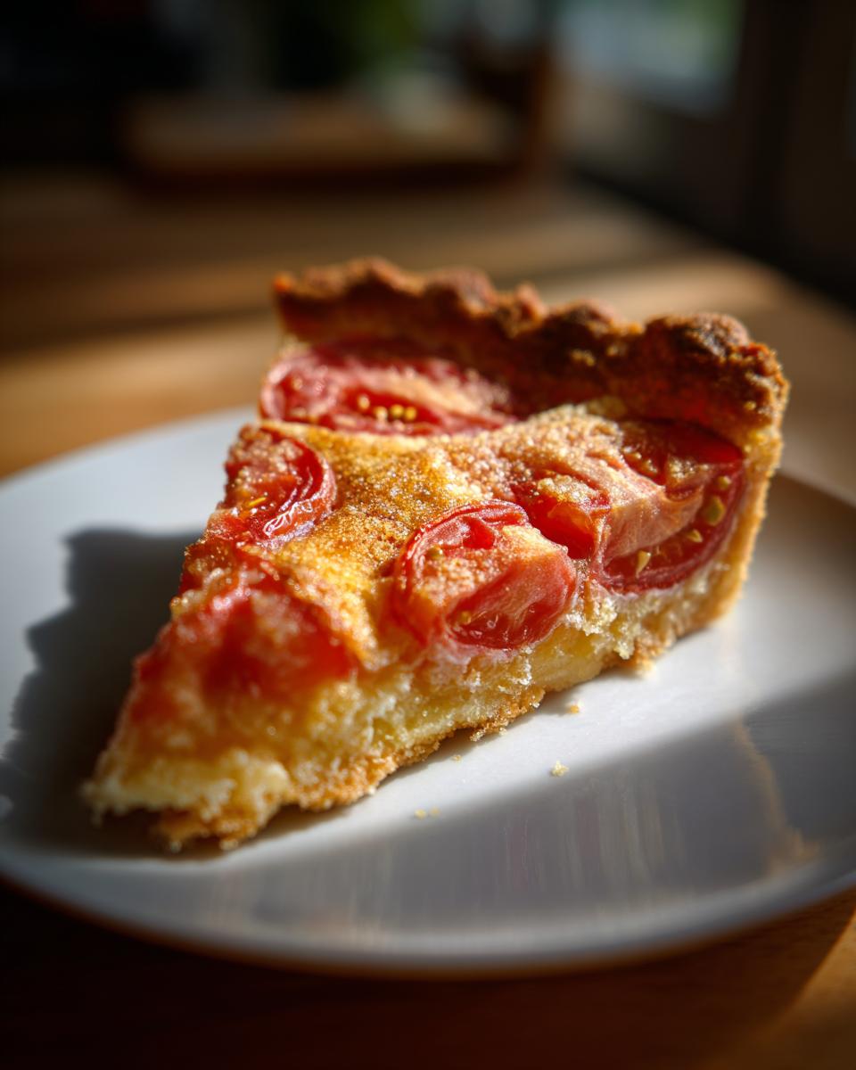Close-up of a slice of Tomato Pie on a white plate, showing juicy tomatoes and a golden crust.