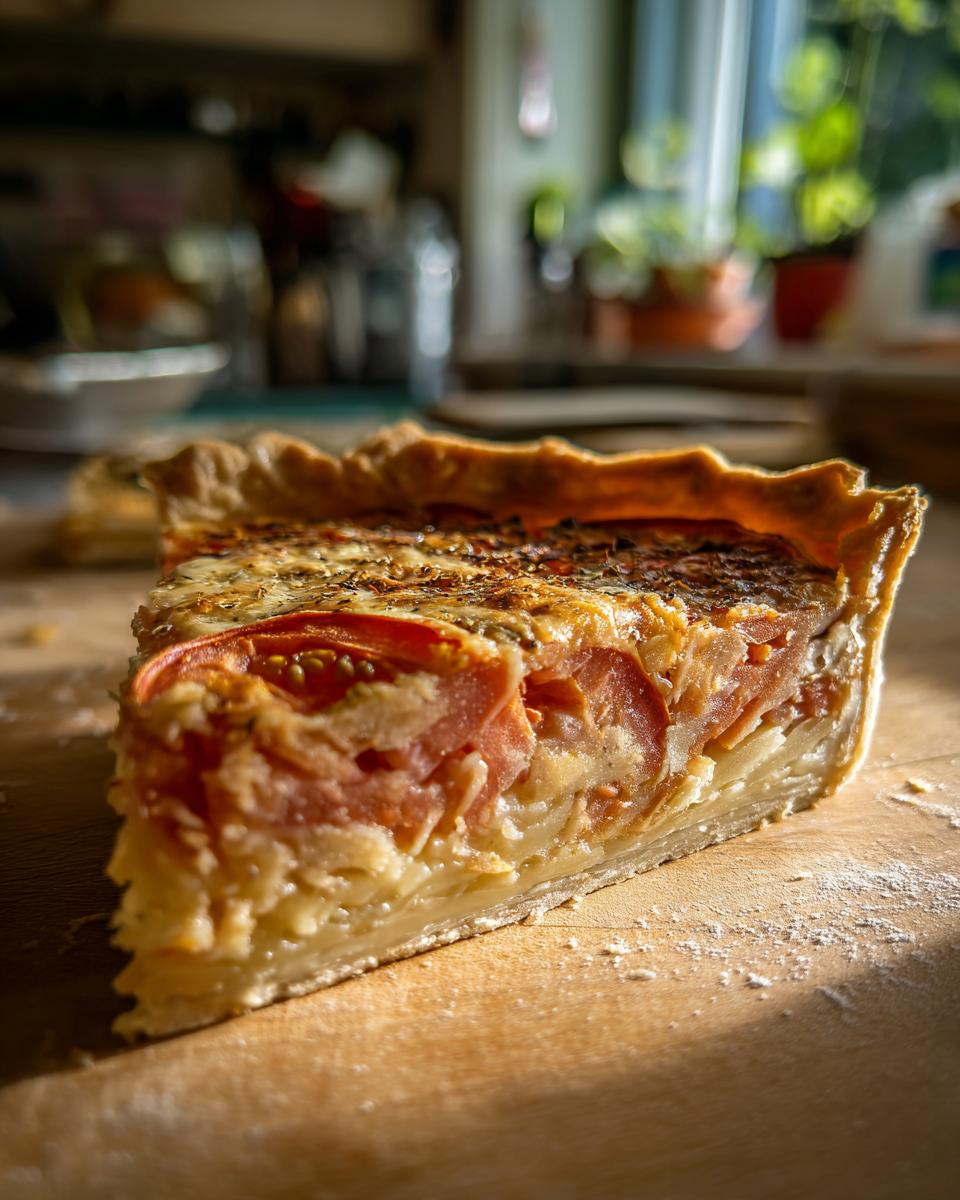 Close-up of a slice of Tomato Pie with visible tomatoes, cheese, and crust.