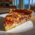 Close-up of a slice of Tomato Pie on a white plate, showcasing the layers of tomatoes and filling.