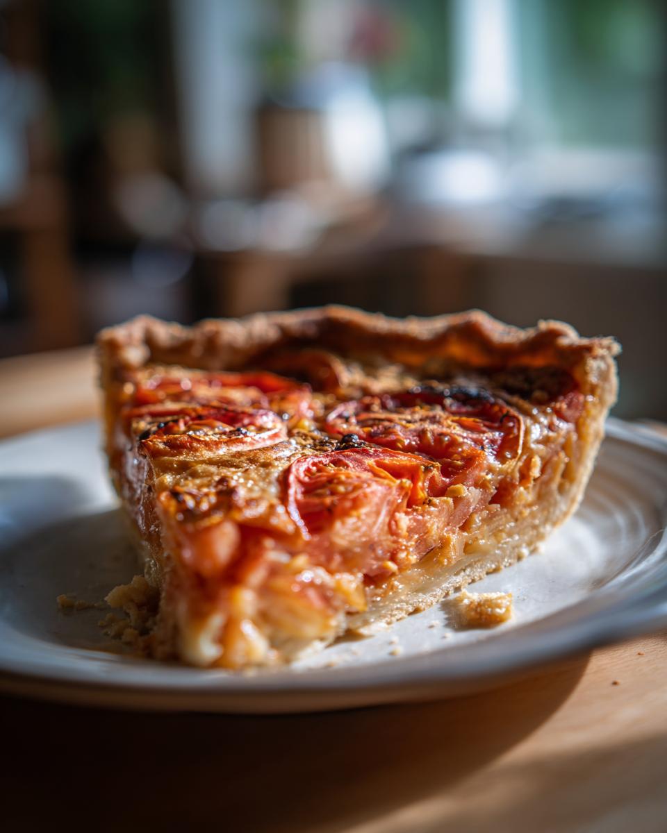 Close-up of a slice of Tomato Pie on a white plate, showcasing the juicy tomatoes and flaky crust.