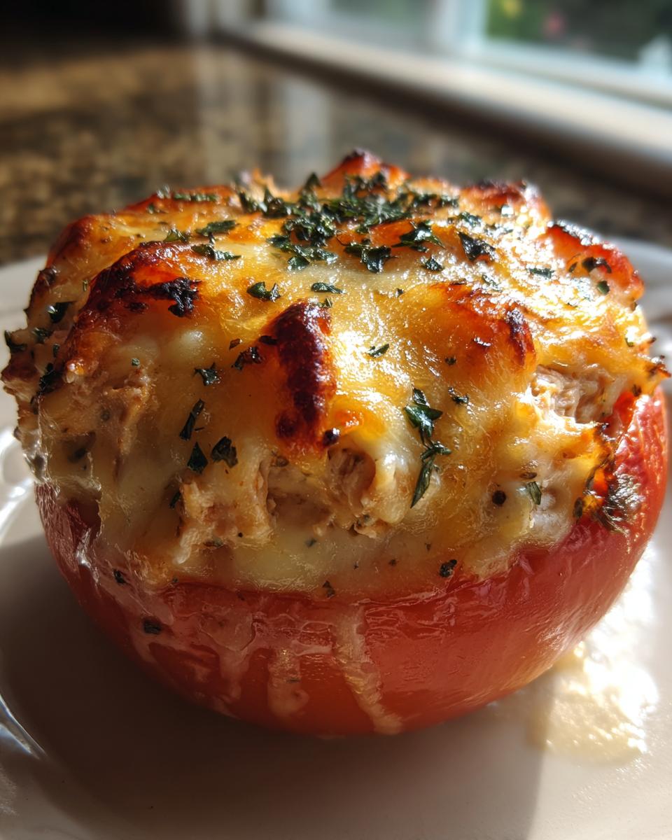 Close-up of a Tuna Melt Stuffed Tomato, baked with melted cheese and herbs.