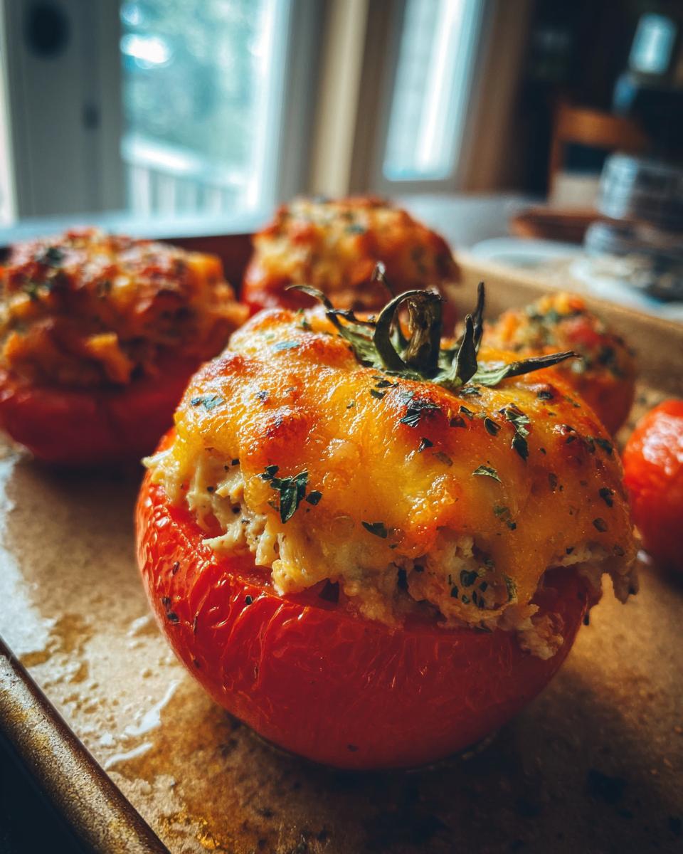 Close-up of baked Tuna Melt Stuffed Tomatoes with melted cheese.