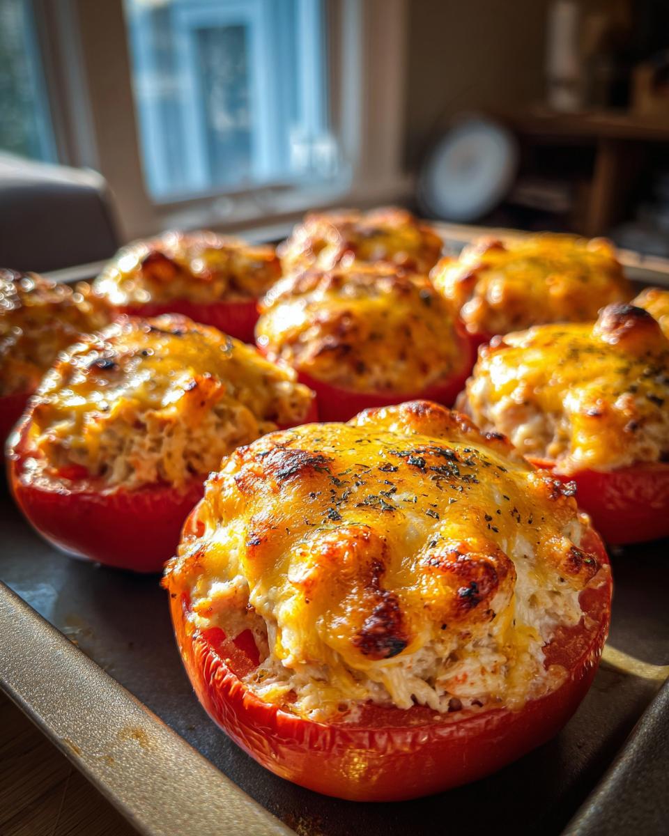 Close-up of baked Tuna Melt Stuffed Tomatoes on a baking sheet, golden cheese topping.