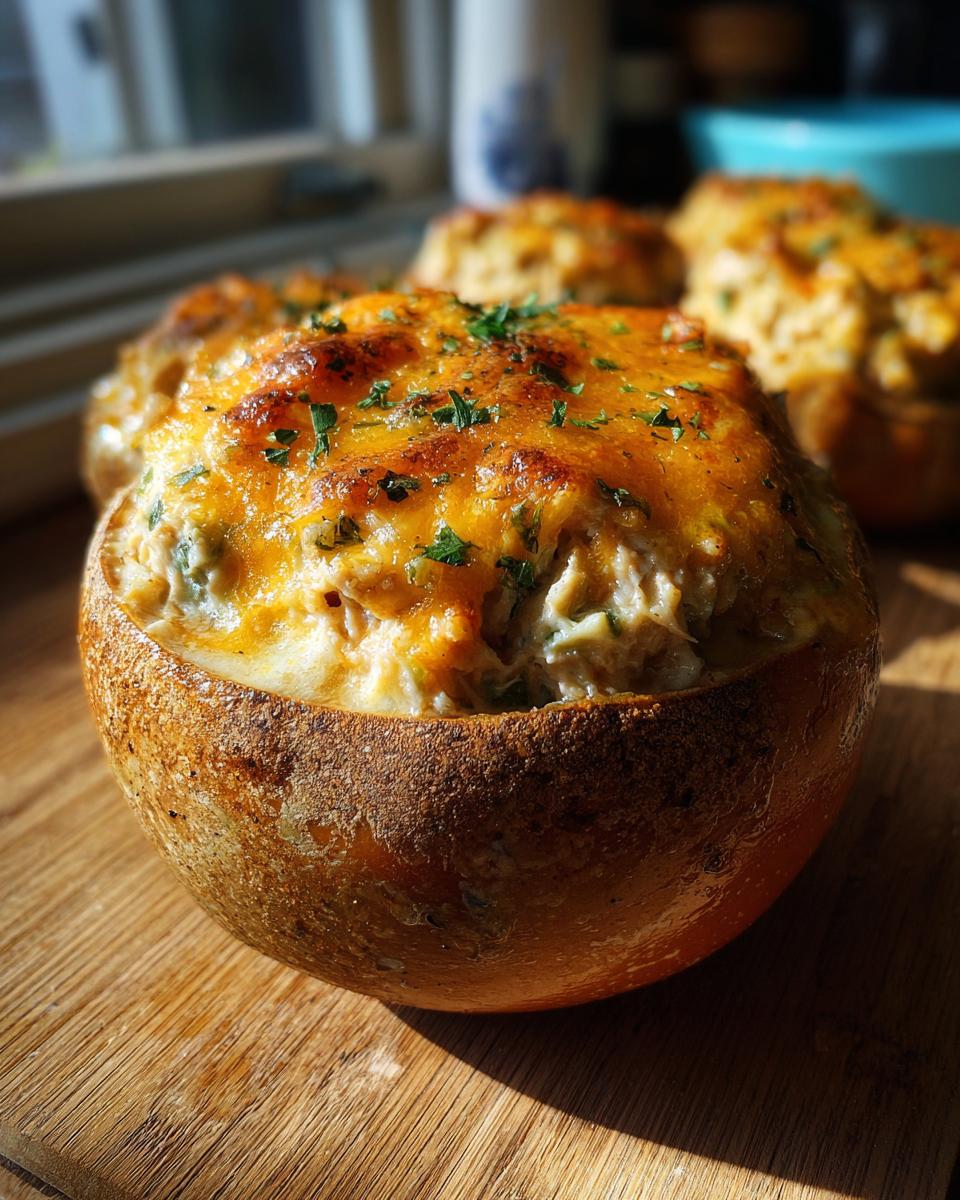 Close-up of a Tuna Melt Stuffed Tomatoes, baked with melted cheese and herbs on a wooden board.