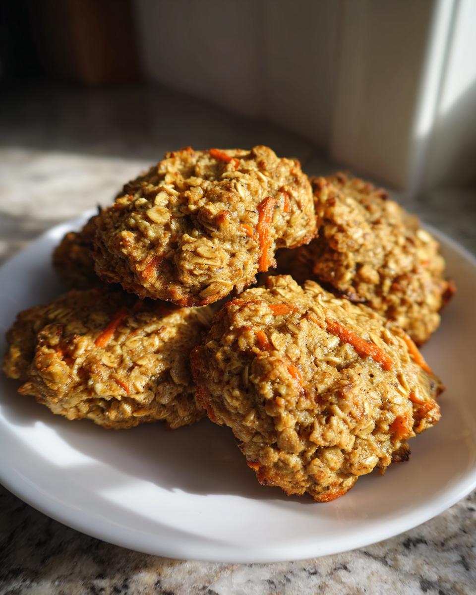 A stack of homemade dog treats, featuring oats and carrots. These are the 4-Ingredient Homemade Dog Treats.