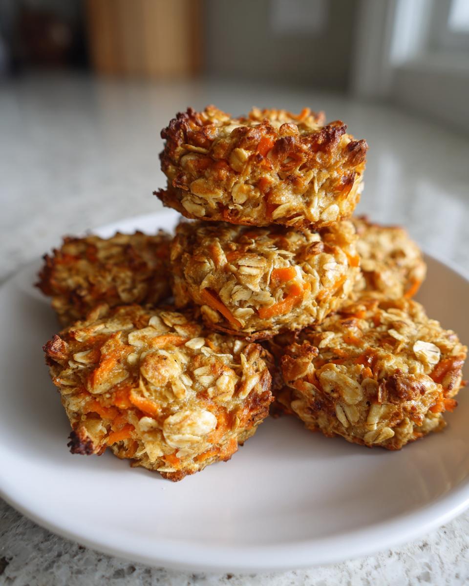 Pile of homemade dog treats made with oats and carrots. The image shows the 4-ingredient homemade dog treats.