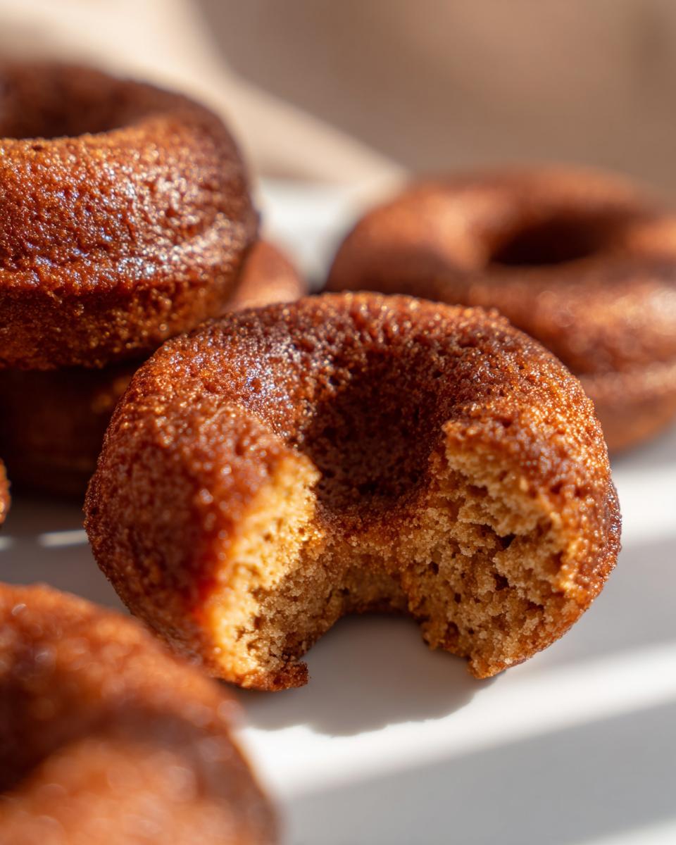 Close-up of a homemade Apple Carrot Dog Donut with a bite taken out, showing the texture.